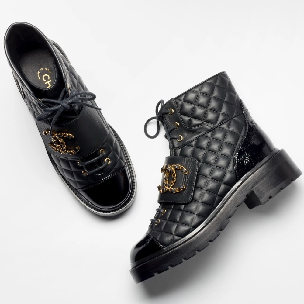 Chanel Lace Up Calfskin & Shiny Calfskin Leather Boots - Picture 6 of 16
